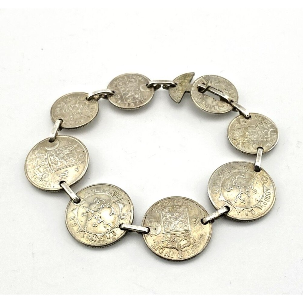 1940s Dutch East Indies Silver Coin Bracelet Custom Buckle Clasp 6.25 In